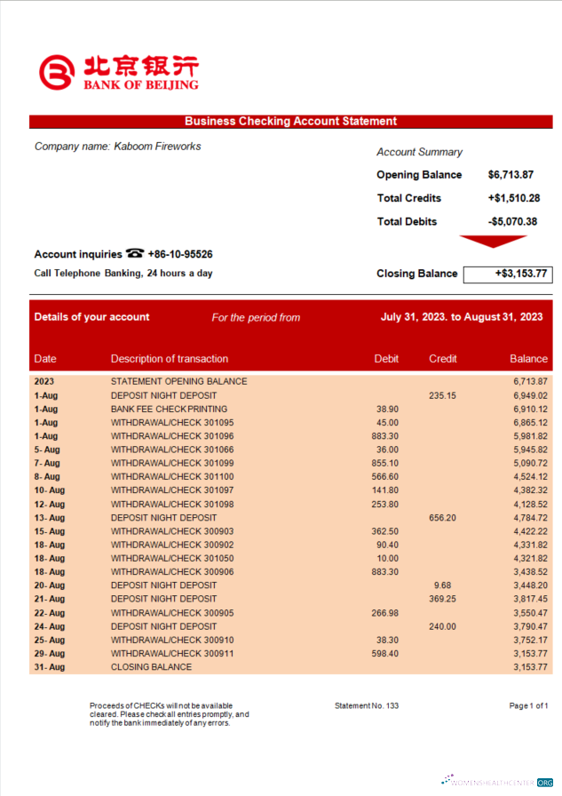 Download Bank of Beijing firm statement Word and PDF template Photoshop template